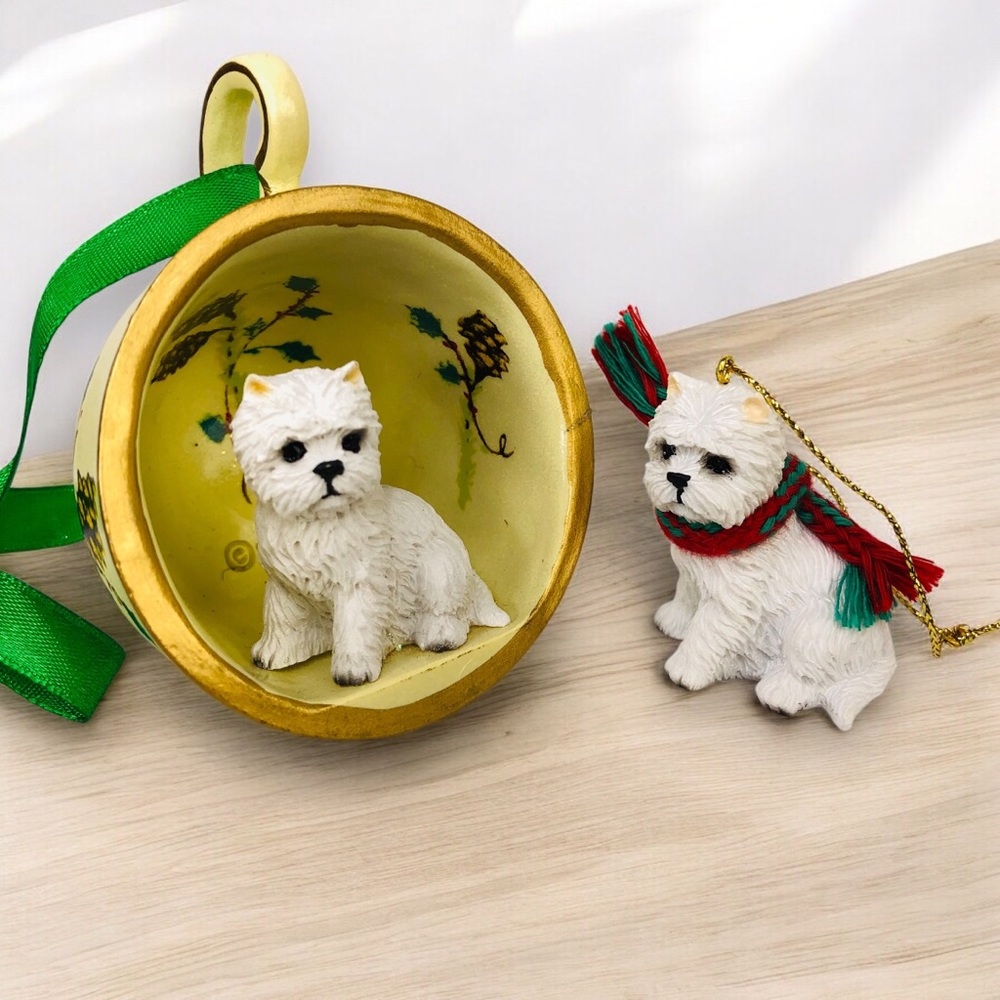 Vintage Westie Highland Terrier Dog in Cup Christmas Ornaments Puppy with Scarf